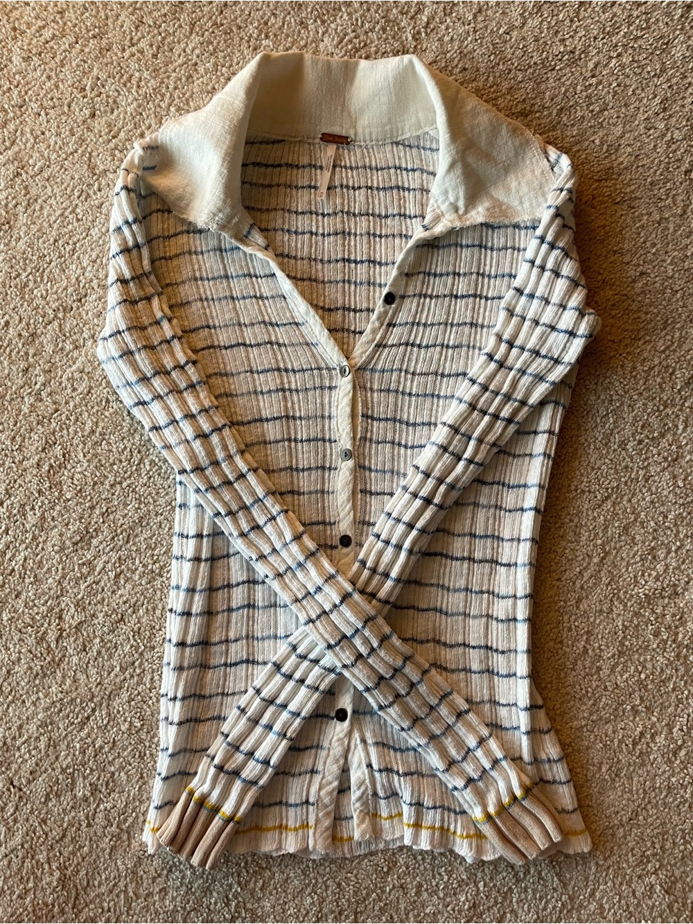 Free People Cream and Navy Striped Button-Up Ribbed Collared Long Sleeve Medium